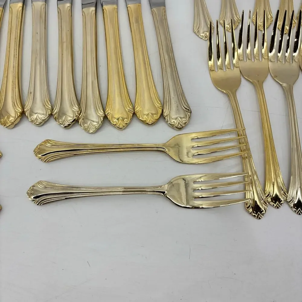 Gold Tone Flatware Stainless Fork Hollywood Regency 53 Pieces Vintage
